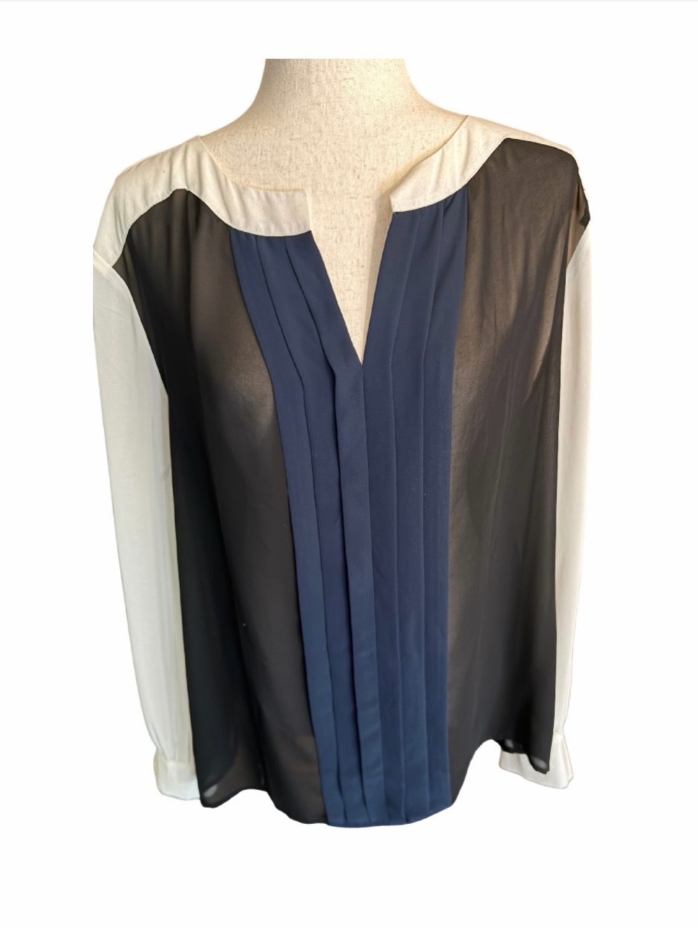 Ann Taylor Navy, Black & White Pleated V-Neck Blouse